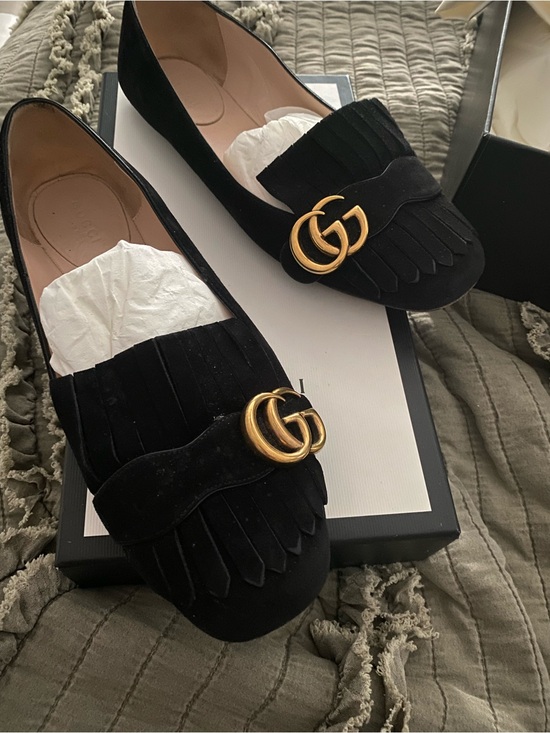 Gucci Shoes - Gucci Black Velvet Fringe Loafers with Gold Double G